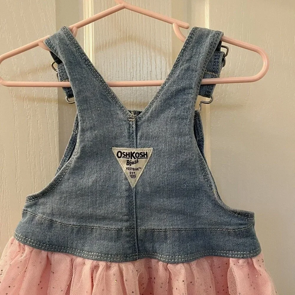 Oshkosh B'gosh Unicorn Overall Dress Pink Tulle Vestbak Denim Girls SZ 12 Months